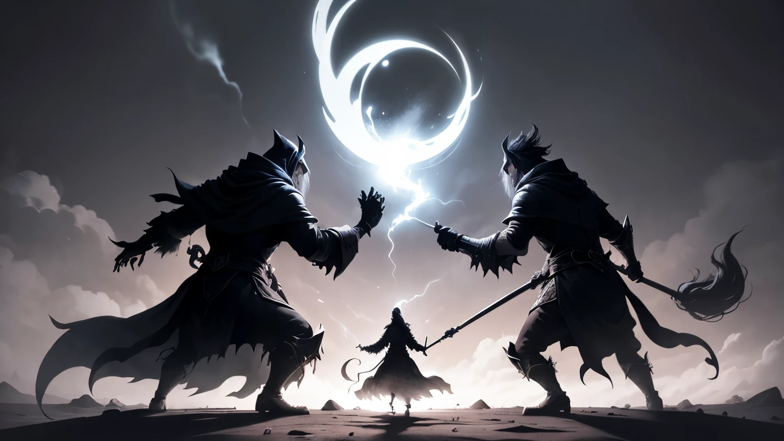 silhouette of monsters banishing a wizard. The scene should be intense and dramatic, capturing the dynamic between the monsters and the wizard. The wizard should be in the center of the image, with a posture of defeat or resistance, wearing a distinctive cloak and perhaps holding a staff or wand. The monsters, with varied and threatening shapes, must surround the wizard, in poses that suggest power and action, such as raising arms or releasing energy. Use a simple, dark background, like black or a deep shade of gray, to accentuate the contrast with the silhouettes. The color palette should be minimal, using shades of black for the silhouettes of the monsters and the wizard, allowing the outlines and details to be clearly visible. The image should convey a sense of conflict and magic, while maintaining a dark, artistic style.