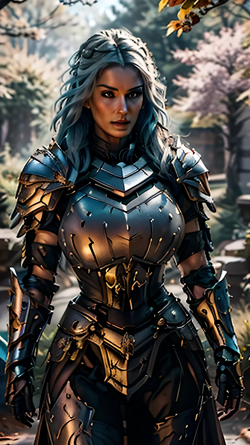 8K,asgard female warrior with very ,Super beautiful(like the real thing),black very large chest armor,realistic skin,luxury black pants,Has a large, long black spear,sexy,musculslim body,ripped abs,black shoulder armor,black waist armor,black leg armor,desert, rich colors, Backlight, cinematic lighting, film grain, RAW, 50mm lens,nikon　D850,ultra high resolution,Super realistic,goddess,battle scene,action scene,action pose,shine a light on the face, long wavy blue hair, the Witcher, the Witcher armor, yennefer, running in the forest 