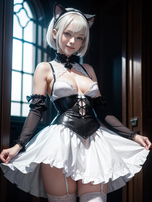 8K,Masterpiece,One woman,Smile,30 years old,blue eyes,White Hair,Short Bob Hair,Dutch beauty,Ella Freya(Ella Freya),Gothic ta,White skin,Slender figure,Small breasts,Dynamic Angle,skirt lift,Panty Shot,Cat ear,Dynamic Pose