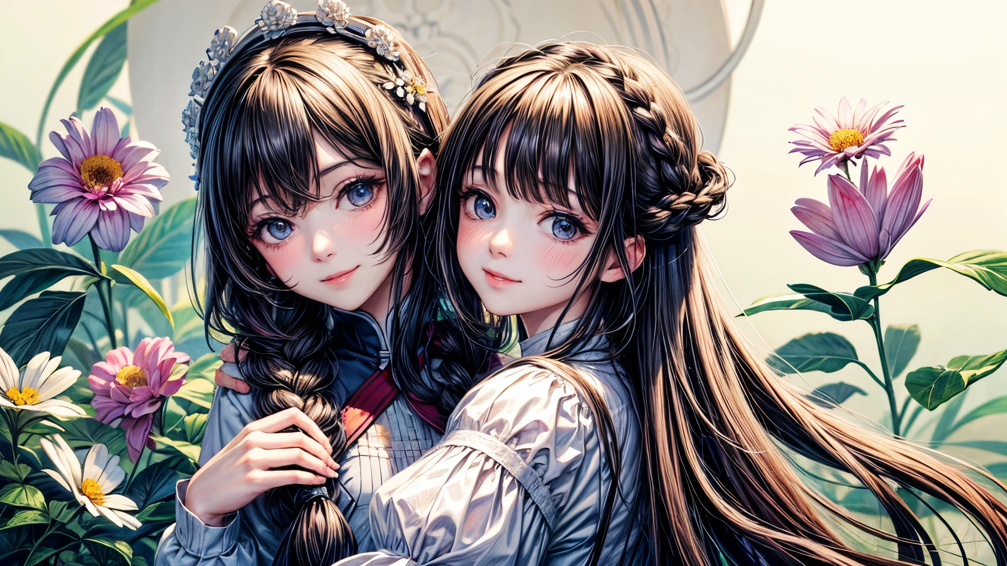 Fondo repleto de muchas flores.、Close up portrait of smiling woman looking back。There are also many flowers in the braid hair.。Lindas ilustraciones llenas de felicidad.、fondo floral、calidad extremadamente alta、calidad de imagen de alto nivel、Dibujo extremadamente delicado.。Mano de obra raramente vista