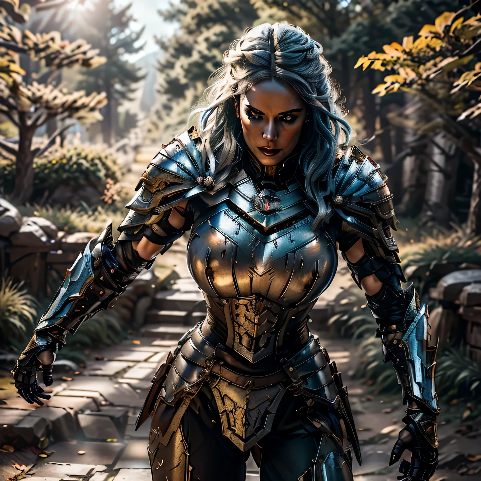 8K,asgard female warrior with very big breasts,Super beautiful(like the real thing),black very large chest armor,realistic skin,luxury black pants,Has a large, long black spear,sexy,muscular slim body,ripped abs,black shoulder armor,black waist armor,black leg armor,desert, rich colors, Backlight, cinematic lighting, film grain, RAW, 50mm lens,nikon　D850,ultra high resolution,Super realistic,goddess,battle scene,action scene,action pose,shine a light on the face, long wavy blue hair, the Witcher, the Witcher armor, yennefer, running in the forest 