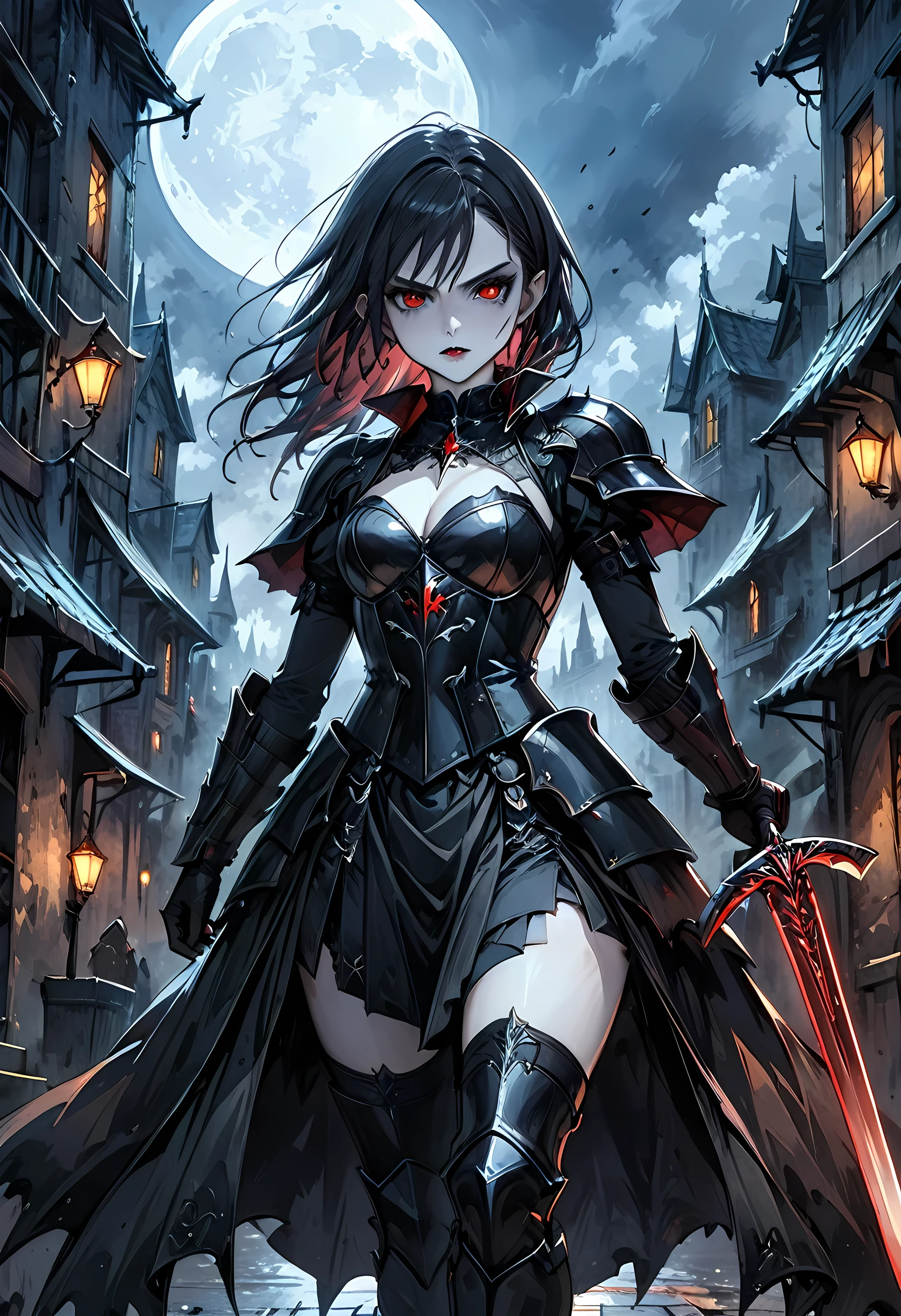 Arafed, dark fantasy art, gothic art, a picturק of a vampire ready for battle, female vampire, armed with a sword, wearing heavy armor , armed with a sword, shining sword, ultra detailed face (intricate detailed, Masterpiece, best quality: 1.4), pale skin, glowing eyes, red eyes, ultra feminine, pale skin, dynamic hair, dark fantasy urban street (intricate detailed, Masterpiece, best quality: 1.4), moon light, star light, clouds, armored_dress, watercolor, Dark Novel