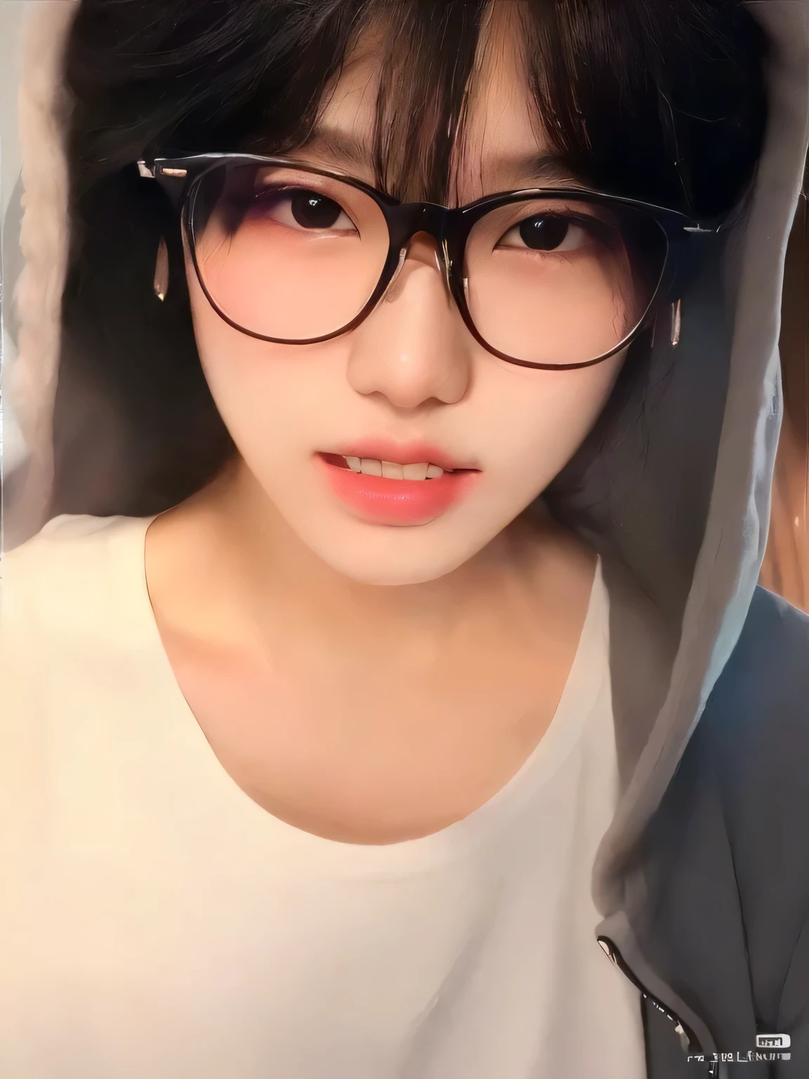 a close up of a person wearing glasses and a hood, wearing thin large round glasses, with glasses, sakimichan, guweiz, ulzzang, spectacled, clear lips and high quality, wan adorable korean face, jaeyeon nam, korean girl, with black eyeglasses, cai xukun, wearing small round glasses, with glasses on