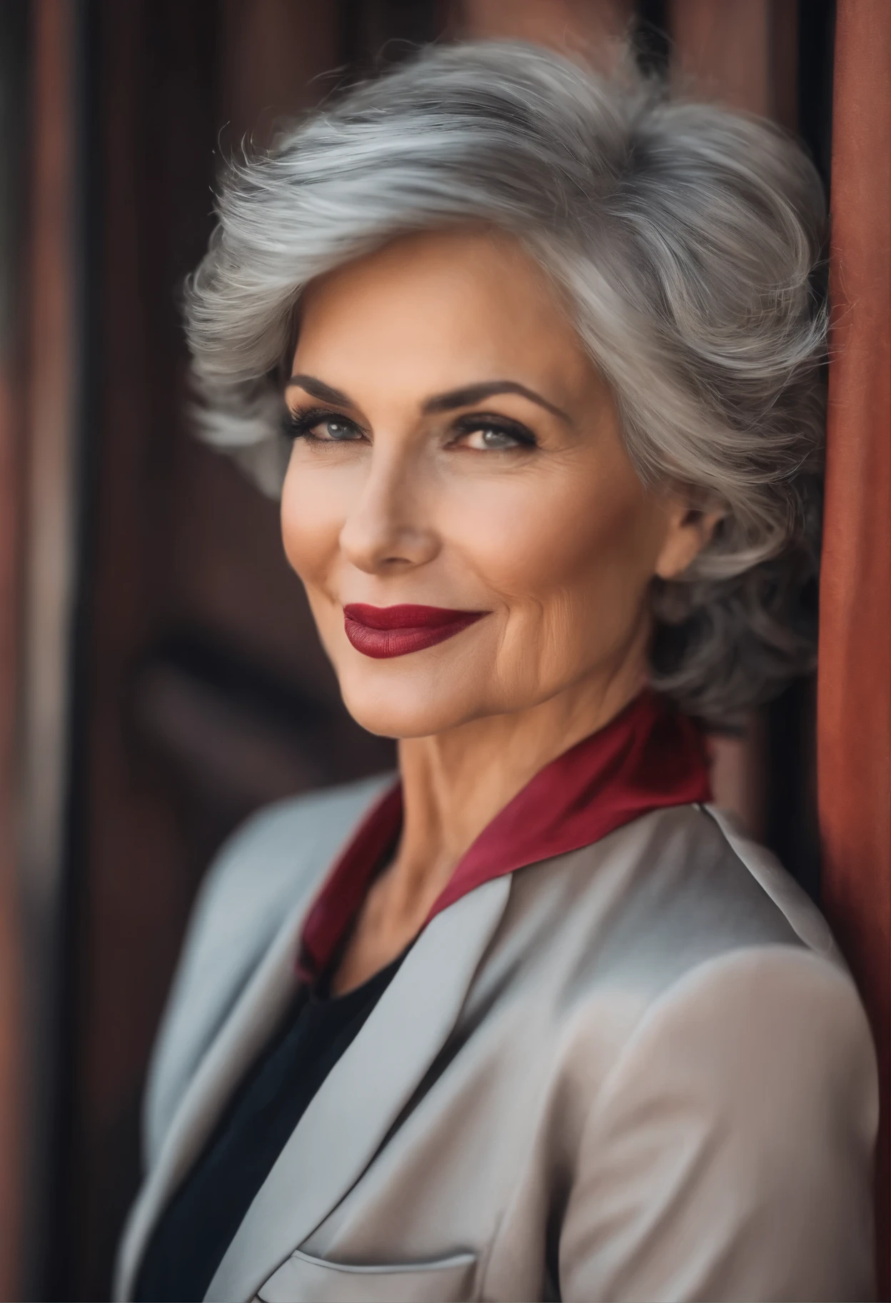(Gorgeous and Glamour woman 70yo with gigantic breast running in the city, she's a lawyer, (vibrant white elegant chiffon blouse with a deep neckline:1.4), red lips, (((saggy busty breast))), (black skirt), generous cleavage, realistic photography, (((distant from camera)))