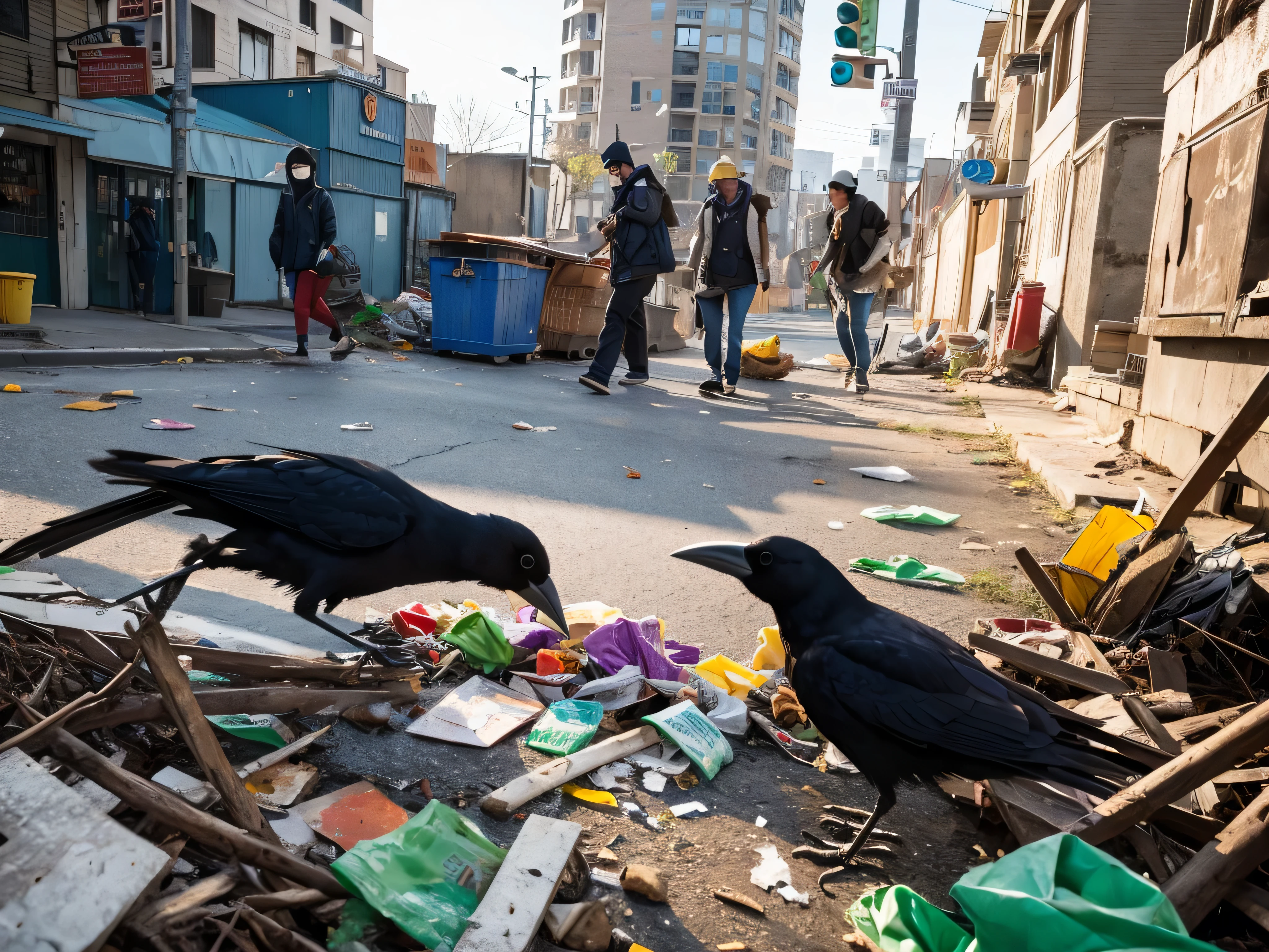 Crows scavenging through trash