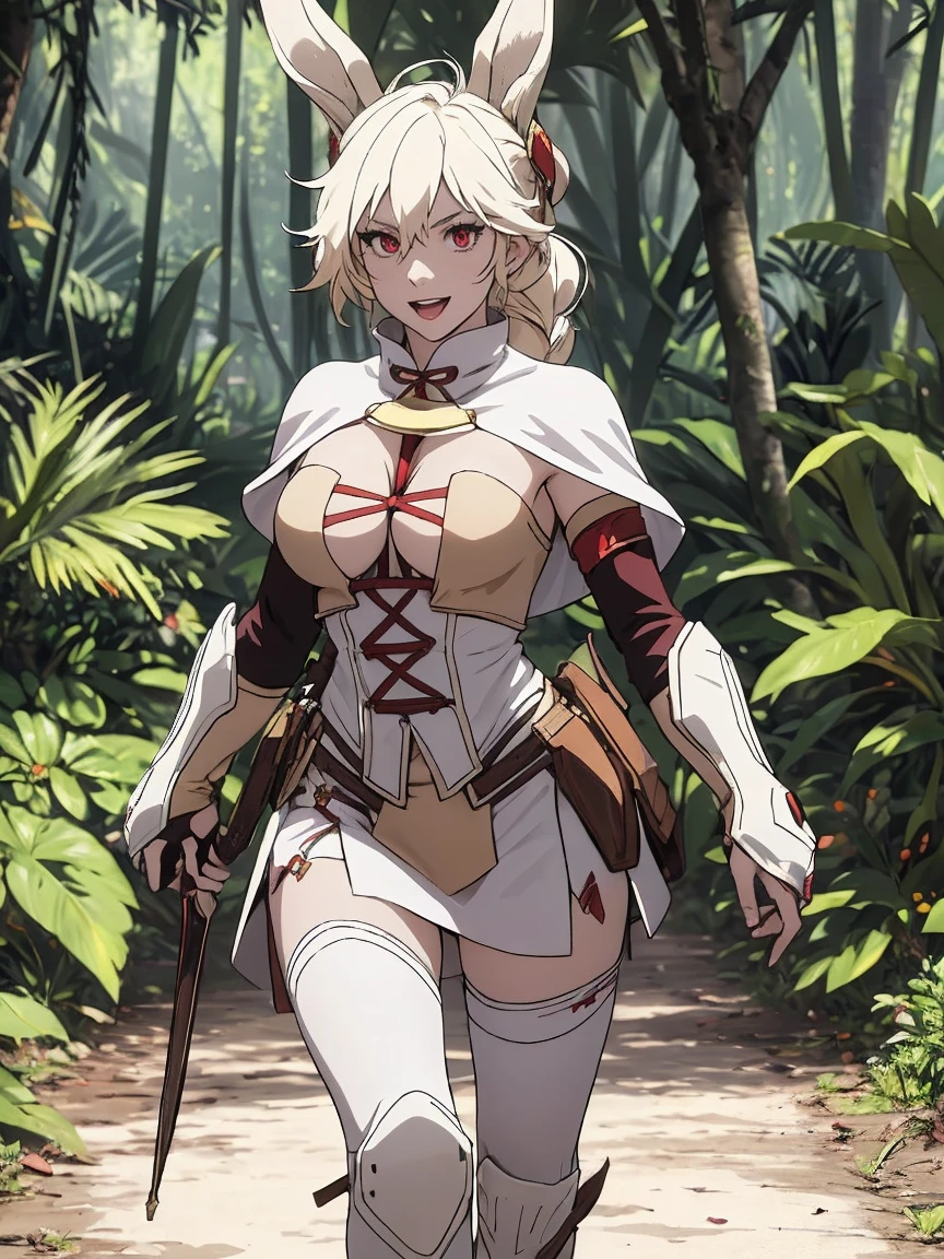 (best quality,high resolution, masterpiece:1.2), female focus, caminhando na floresta, (one girl:1.5), beautiful eyes, pretty eyes, rabbit ears, (red eyes:1.2), white cloak, big smile, open mouth, fleshy lips, hair ornament, leather armor, Clothes made of tanned leather, armored minidress, detached sleeves, wrist guard, white thighhighs, shin guards, armoed boots, perfect quality, good quality, masterpiece, dynamic pose, caminhando, Prepare-se para mergulhar em um mundo onde a beleza e o artesanato se fundem perfeitamente, anatomically correct. ultra nitidez