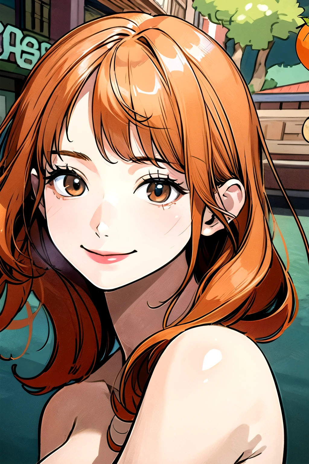 ((best quality)), ((masterpiece)), (detailed), perfect face. Asian girl. Orange hair. Smile. Topless. Medium breast