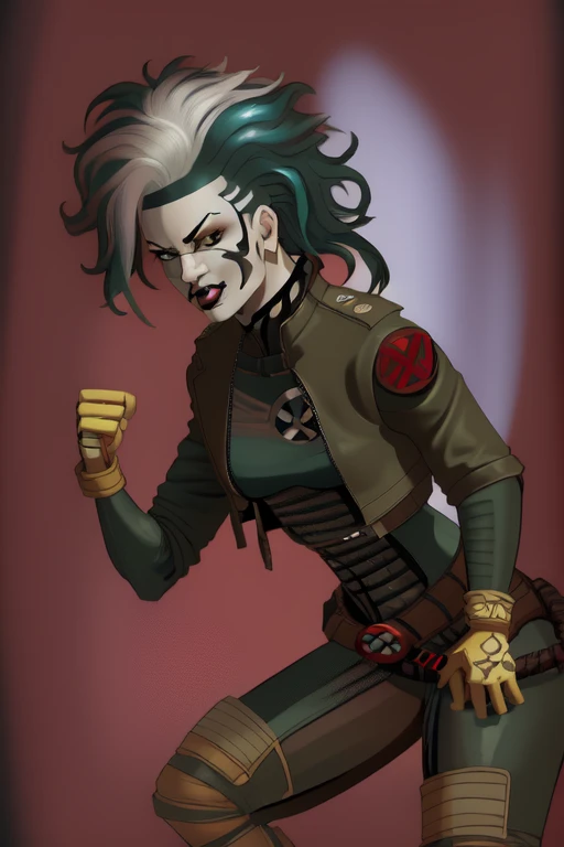 (ponytail) (leather jacket) (corset) (military belts) (Warrior) (cocky smile) (tribal tattoos) (green and blue hair) (X-Men Rogue) (Star Trek Jadzia Dax) (2000 Ninja Turtles April) (Greek mythology Athena) (pirate woman) (Star Wars zabrak) (Star Trek trill) (pale skin) (face tattoos) (zabrac face tattoos) (goth) (pirate clothing) (bo-katan) (X-Men evolution Rogue)