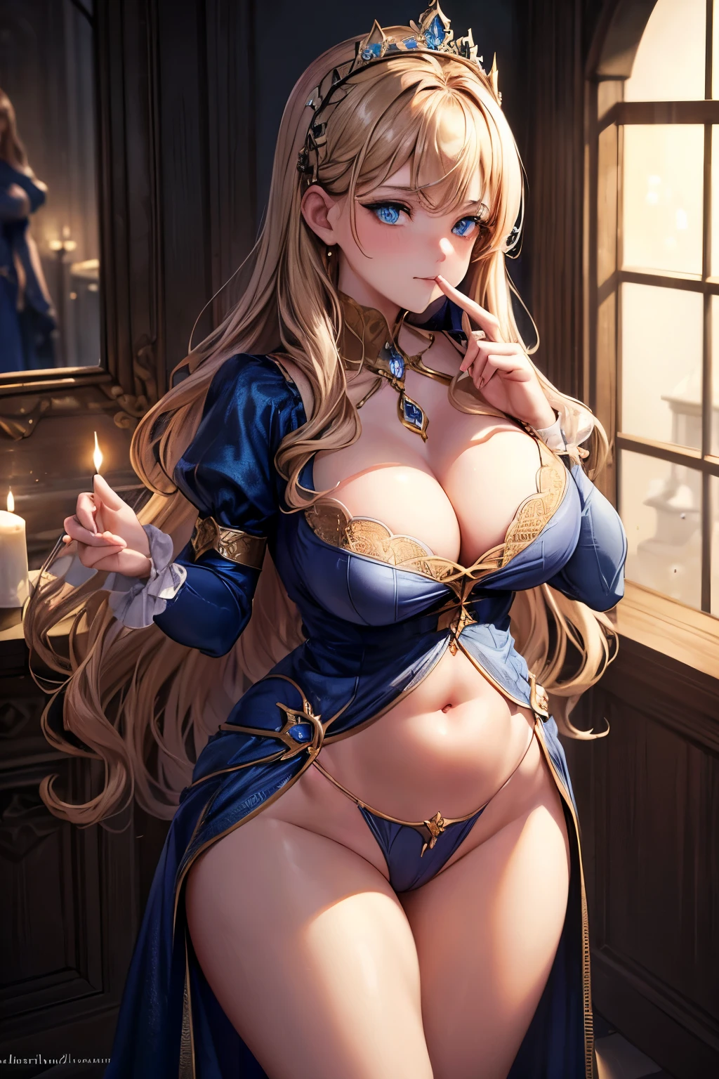 (Raw amateur candid photography), woman, (candle lighting:1.1), (finger in mouth), blush, (in bathroom), (castel:1.1), (dynamic pose:1.1), (princess:1.1), (noble nightgown:1.2), (blue azure eyes:1.2), (round breasts), (bubble butt), (wide hips:1.1), (slim waist:1.1), (thick thighs:1.1), (detailed face and eyes:1.2), (detailed skin), (realistic), (moody lighting), (skinny slinder body:1.2), (fantasy), seductive, messy hair, (brown blonde hair), (diamond crown:1.1), (detailed medieval background:1.1), (dark mood:1.2), (detailed hand and finger:1.2), (medium breasts:1.2), (busty), (deep cleavage:1.2).