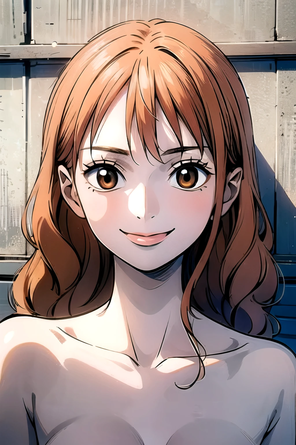 ((best quality)), ((masterpiece)), (detailed), perfect face. Asian girl. Orange hair. Smile. Topless. Medium breast.