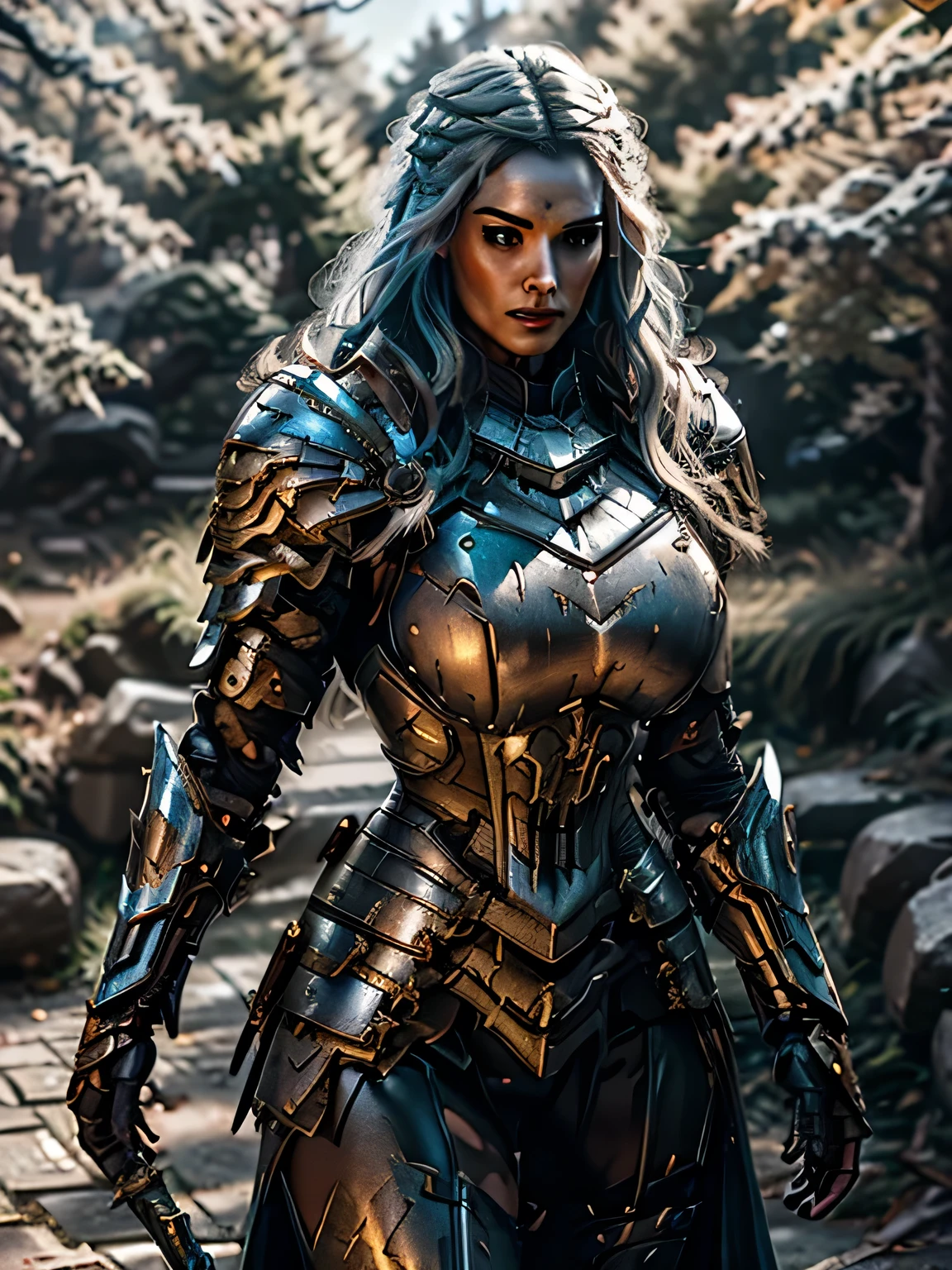 8K,asgard female warrior with very big breasts,Super beautiful(like the real thing),black very large chest armor,realistic skin,luxury black pants,Has a large, long black spear,sexy,muscular slim body,ripped abs,black shoulder armor,black waist armor,black leg armor,desert, rich colors, Backlight, cinematic lighting, film grain, RAW, 50mm lens,nikon D850,ultra high resolution,Super realistic,goddess,battle scene,action scene,action pose,shine a light on the face, long wavy blue hair, the Witcher, the Witcher armor, yennefer, running in the forest