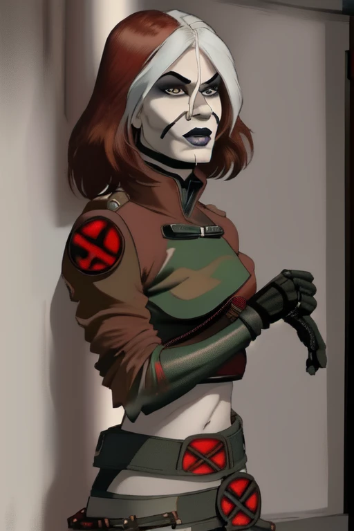 (ponytail) (leather jacket) (corset) (military belts) (Warrior) (cocky smile) (tribal tattoos) (green and blue hair) (X-Men Rogue) (Star Trek Jadzia Dax) (2000 Ninja Turtles April) (Greek mythology Athena) (pirate woman) (Star Wars zabrak) (Star Trek trill) (pale skin) (face tattoos) (zabrac face tattoos) (goth) (pirate clothing) (bo-katan) (X-Men evolution Rogue)