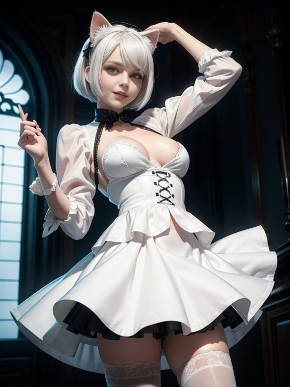 8K,Masterpiece,One woman,Smile,30 years old,blue eyes,White Hair,Short Bob Hair,Dutch beauty,Ella Freya（Ella Freya),Gothic Lolita,White skin,Slender figure,Small breasts,Dynamic Angle,skirt lift,Panty Shot,Cat ear,Dynamic Pose