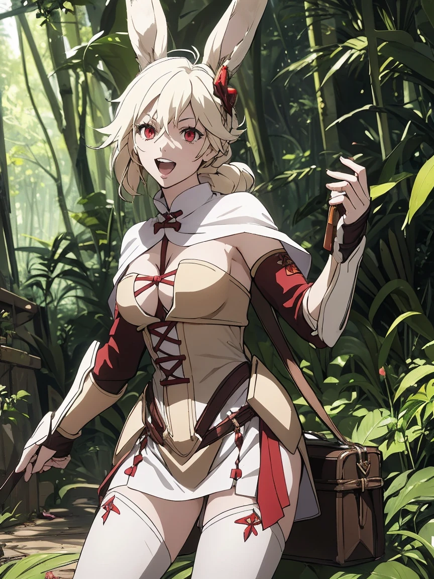 (best quality,high resolution, masterpiece:1.2), female focus, caminhando na floresta, (one girl:1.5), beautiful eyes, pretty eyes, rabbit ears, (red eyes:1.2), white cloak, big smile, open mouth, fleshy lips, hair ornament, leather armor, Clothes made of tanned leather, armored minidress, detached sleeves, wrist guard, white thighhighs, shin guards, armoed boots, perfect quality, good quality, masterpiece, dynamic pose, caminhando, Prepare-se para mergulhar em um mundo onde a beleza e o artesanato se fundem perfeitamente, anatomically correct. ultra nitidez