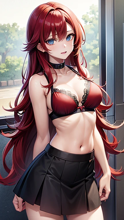 An anime girl with red hair and blue eyes wearing a skirt and an open shirt revealing a black and red bra