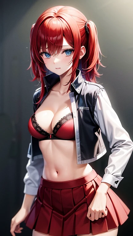 An anime girl with red hair and blue eyes wearing a skirt and an open shirt revealing a black and red bra