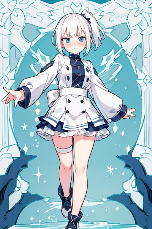 white hair, short hair, side ponytail, blunt bangs, annoyed, embarrassed, surprised, flustered, high quality, best quality, fullbody