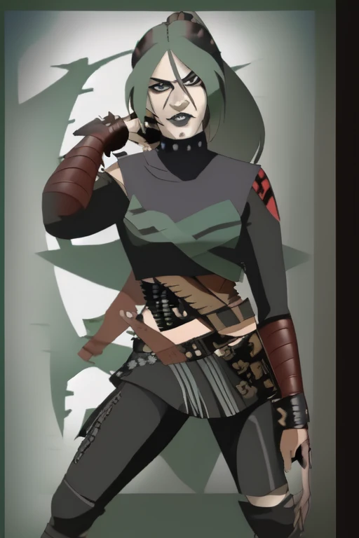 (ponytail) (leather jacket) (corset) (military belts) (Warrior) (cocky smile) (tribal tattoos) (green and blue hair) (X-Men Rogue) (Star Trek Jadzia Dax) (2000 Ninja Turtles April) (Greek mythology Athena) (pirate woman) (Star Wars zabrak) (Star Trek trill) (pale skin) (face tattoos) (zabrac face tattoos) (goth) (pirate clothing) (bo-katan) (X-Men evolution Rogue)