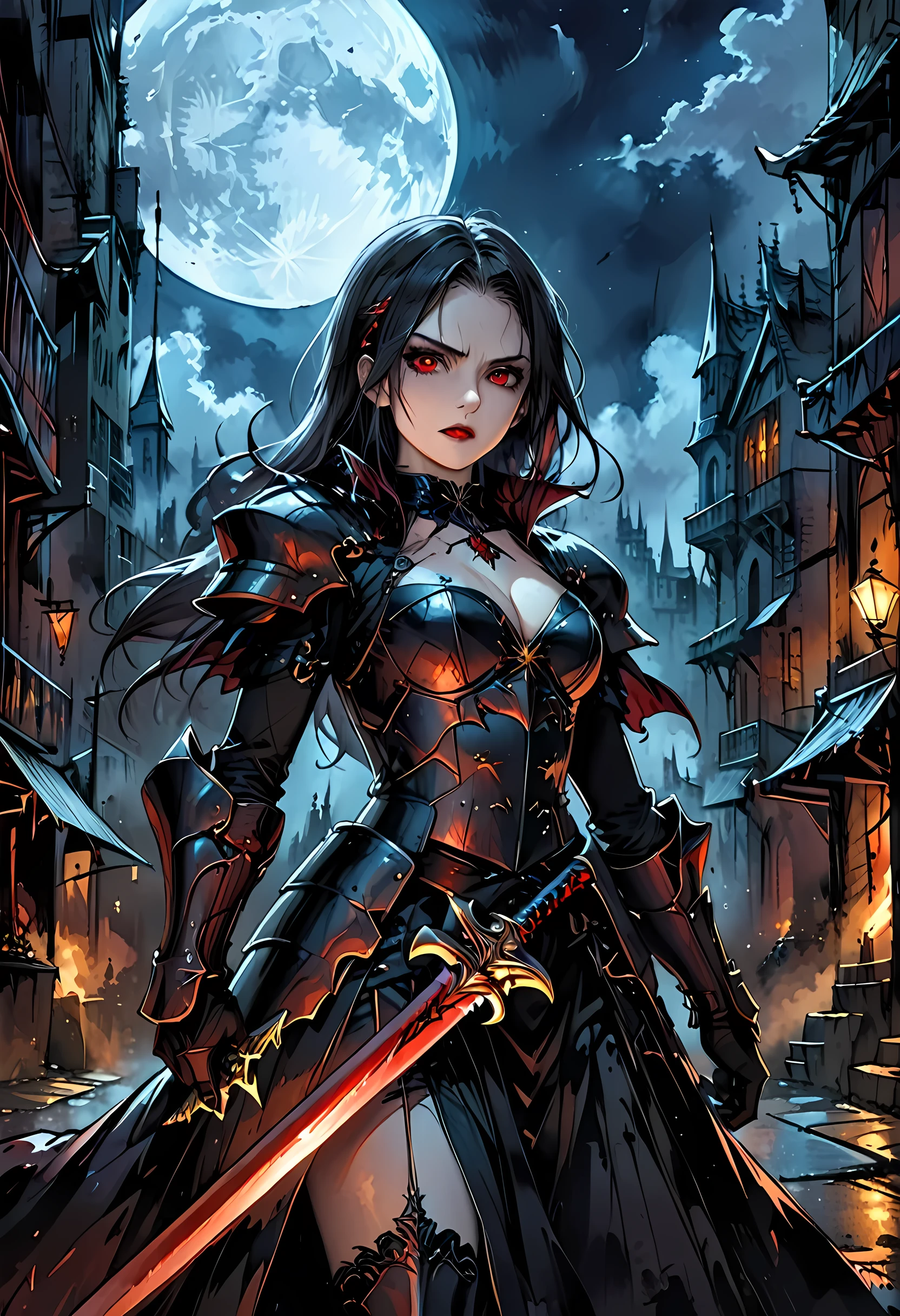 Arafed, dark fantasy art, gothic art, a picturק of a vampire ready for battle, female vampire, armed with a sword, wearing heavy armor , armed with a sword, shining sword, ultra detailed face (intricate detailed, Masterpiece, best quality: 1.4), pale skin, glowing eyes, red eyes, ultra feminine, pale skin, dynamic hair, dark fantasy urban street (intricate detailed, Masterpiece, best quality: 1.4), moon light, star light, clouds, armored_dress, watercolor, Dark Novel