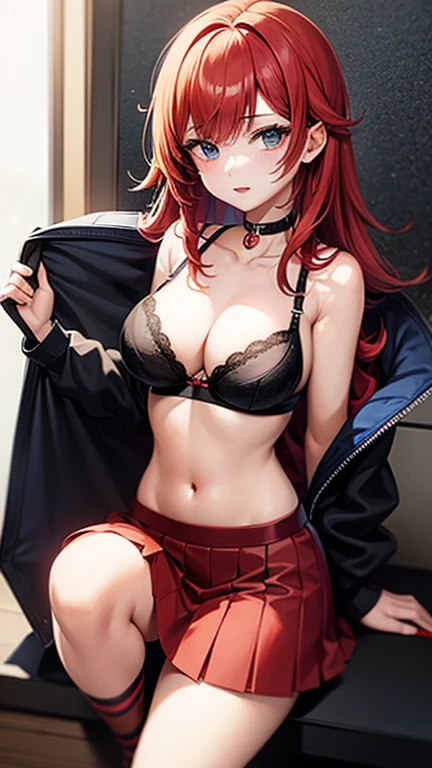 An anime girl with red hair and blue eyes wearing a skirt and an open shirt revealing a black and red bra