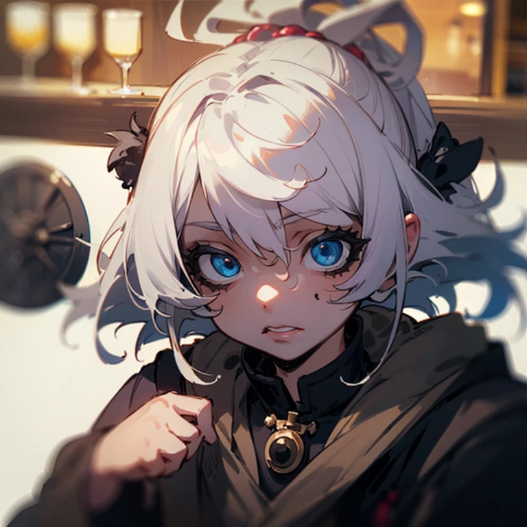 ((Best quality at best)), ((tmasterpiece)), (Detailed pubic hair), s the perfect face,zombie,bar,coffee,work,white hair,thin,girl