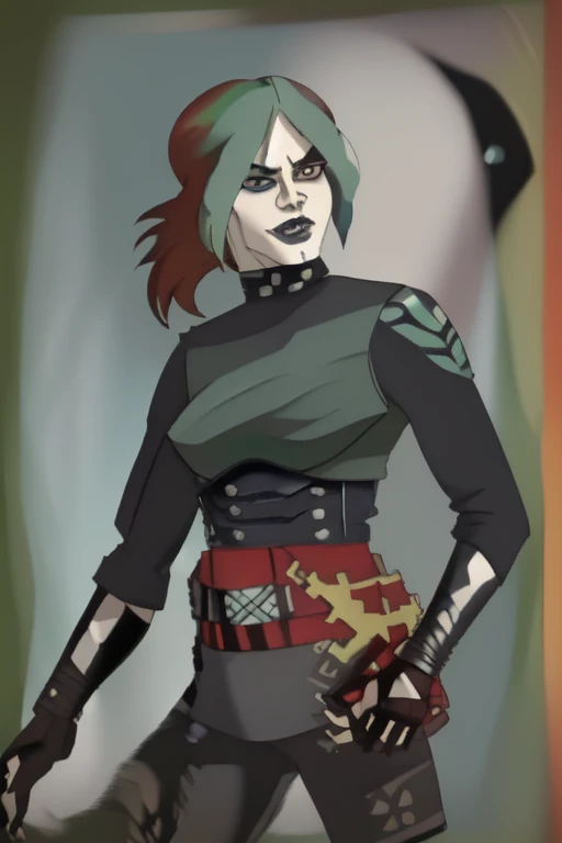 (ponytail) (leather jacket) (corset) (military belts) (Warrior) (cocky smile) (tribal tattoos) (green and blue hair) (X-Men Rogue) (Star Trek Jadzia Dax) (2000 Ninja Turtles April) (Greek mythology Athena) (pirate woman) (Star Wars zabrak) (Star Trek trill) (pale skin) (face tattoos) (zabrac face tattoos) (goth) (pirate clothing) (bo-katan) (X-Men evolution Rogue) (cleveg)