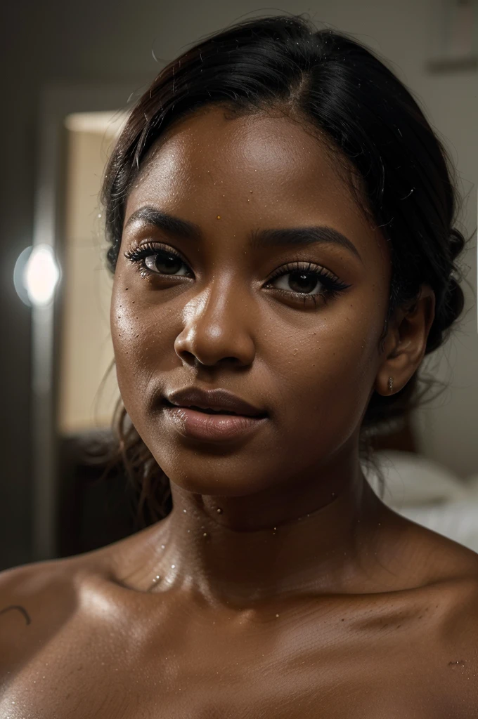 a beautiful ebony woman, pele negra,peituda de pijama na cama, rosto detalhado, lindos olhos detalhados, beautiful detailed lips, olhos e rosto extremamente detalhados, long eyelashes, Interior do quarto, soft lighting, (melhor qualidade,4k,8K,high resolution,Obra de arte:1.2),ultra-detalhado,(realista,photorealista,photo-realista:1.37),HDR,UHD,studio lighting,Pintura ultrafina,sharp focus,physically based rendering,extreme detailed description,Profissional,cores vivas,Bokeh,retrato,Chiaroscuro lighting