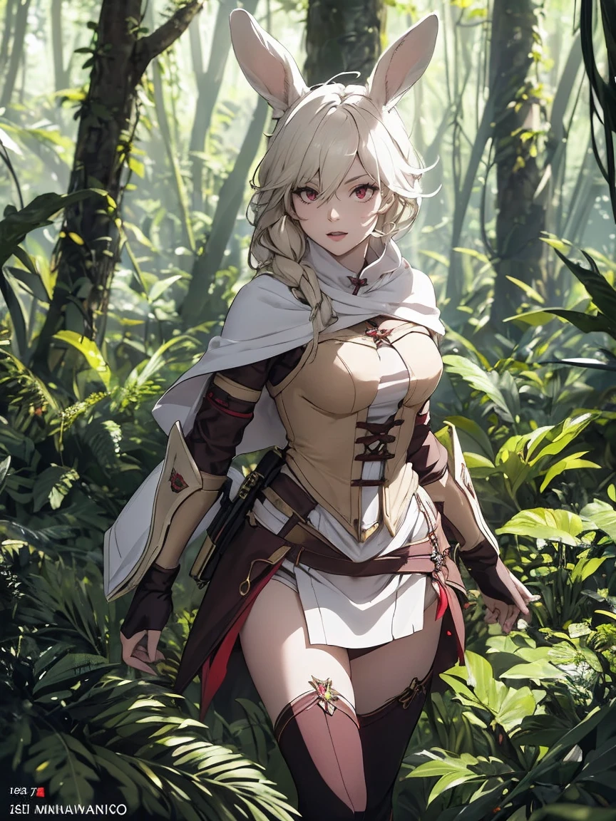 (best quality,high resolution, masterpiece:1.2), female focus, caminhando na floresta, (one girl:1.5), beautiful eyes, (white hair:1), detailed eyes, (hair hiding human ears), rabbit ears, (red eyes:1.2), white cloak, big smile, open mouth, fleshy lips, hair ornament, leather armor, Clothes made of tanned leather, armored minidress, detached sleeves, wrist guard, white thighhighs, shin guards, armoed boots, perfect quality, good quality, masterpiece, dynamic pose, caminhando, Prepare-se para mergulhar em um mundo onde a beleza e o artesanato se fundem perfeitamente, anatomically correct. ultra nitidez