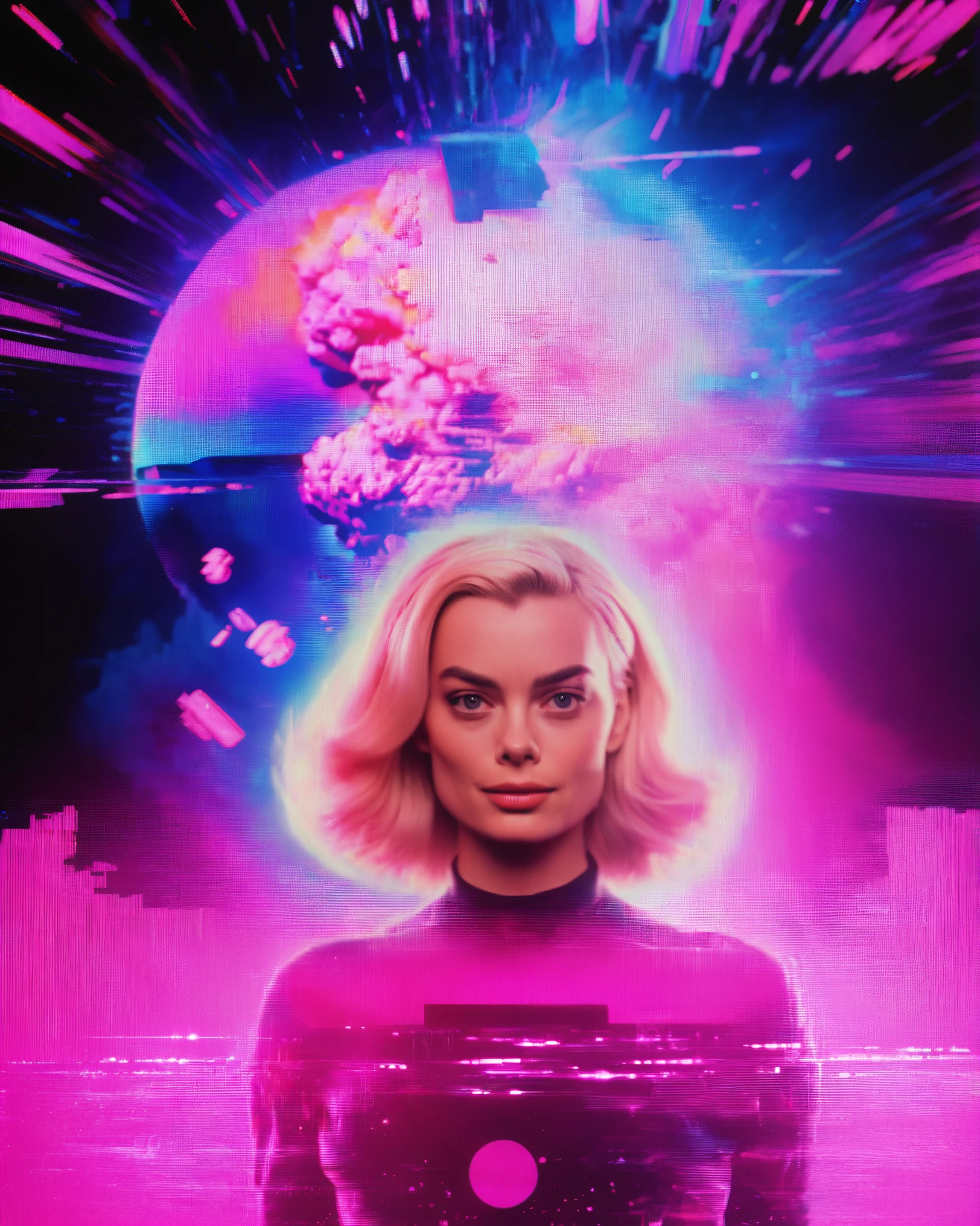 vhs glitch cinematic 80s movie still of Margot Robbie, Barbie movie, intricate, atom bomb in the background