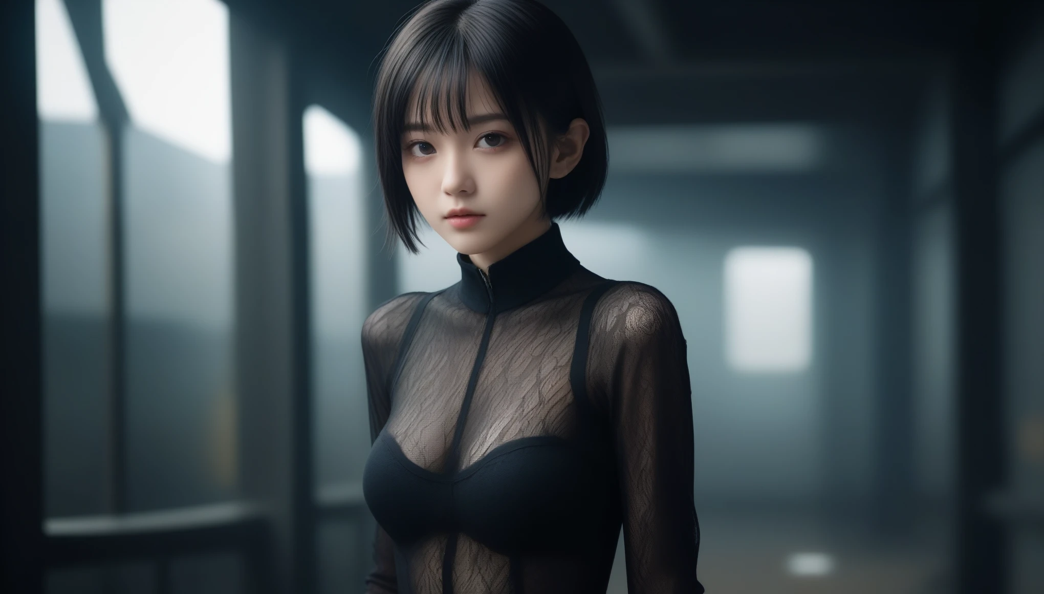 8k, Ultra-high resolution, highest quality, masterpiece, Surreal, photograph, 1 girl, (:1.3), pretty girl, Cute Face, Beautiful eyes in every detail, 細かくdetailedに,masterpiece,, One Girl:1.2, Japan Female Announcer, Ghoulish cyberpunk woman,Bob Haircut,(Futuristic Leotard:1.05),Lace blouse,(lace stockings with garters), Are standing, (In a post-apocalyptic scenario:1.2),Expression of despair,Dark and atmospheric lighting, This pose expresses a somber ecstasy.,Bold Pose,Looking at the audience、beauty,Long neck、Laugh a little、Please close your mouth and laugh、(((Ideal body type))),A cup small breasts :2,、Portraiture:2、Perfect Anatomy、鮮明なdetailed、detailed、Surreal、Light and shadow,Strong light