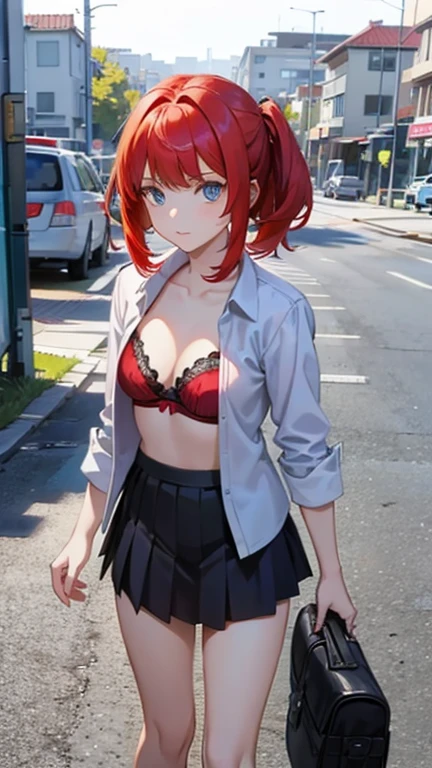 An anime girl with red hair and blue eyes wearing a skirt and an open shirt revealing a black and red bra