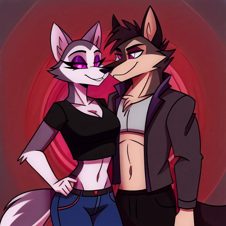 (masterpiece, best quality:1.2), Vortex hellhound, one male wolf with gray fur, and one female feminine wolf with white fur, furry, helluva boss, the male wears a black t-shirt with a gray vest with red spikes on the shoulders and black pants and the female wears a blue crop, and black short, both undressing each other and hypnotized with completely spyral glowing purple eyes with no irises or pupils
