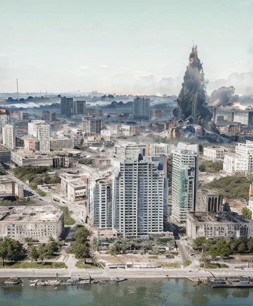 a city in ruins after a devastating earthquake, destroyed buildings, debris, smoke, explosions, fire, chaos, despair, apocalyptic scenery, dramatic lighting, saturated colors, cinematic composition, photorealistic, hyper-detailed, masterpiece, ultra-detailed, 8k, best quality, cinematic lighting, dramatic shadows, volumetric fog, realistic destruction, highly detailed rubble, gritty and grim atmosphere, intense emotion
