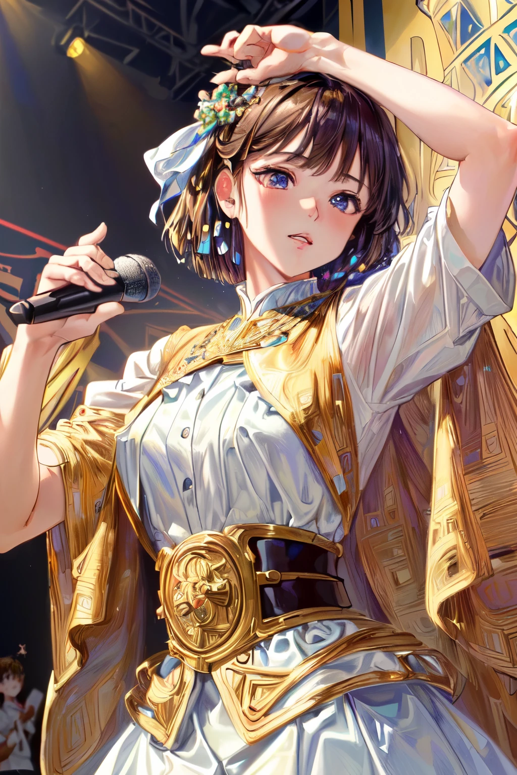 ((Best of the highest quality, 8k, Masterpiece, raw photo: 1.3)), (Great artist style, Alphonse Mucha, Gustav Klimt, Sharp focus: 1.2), (1 AESPA girl: 1.1), (Solo: 1.1), face focus, cute face, (k-pop idol, dancing on the stage with microphone: 1.28), from above, school uniform like, (brunette short bob hair: 1.1)