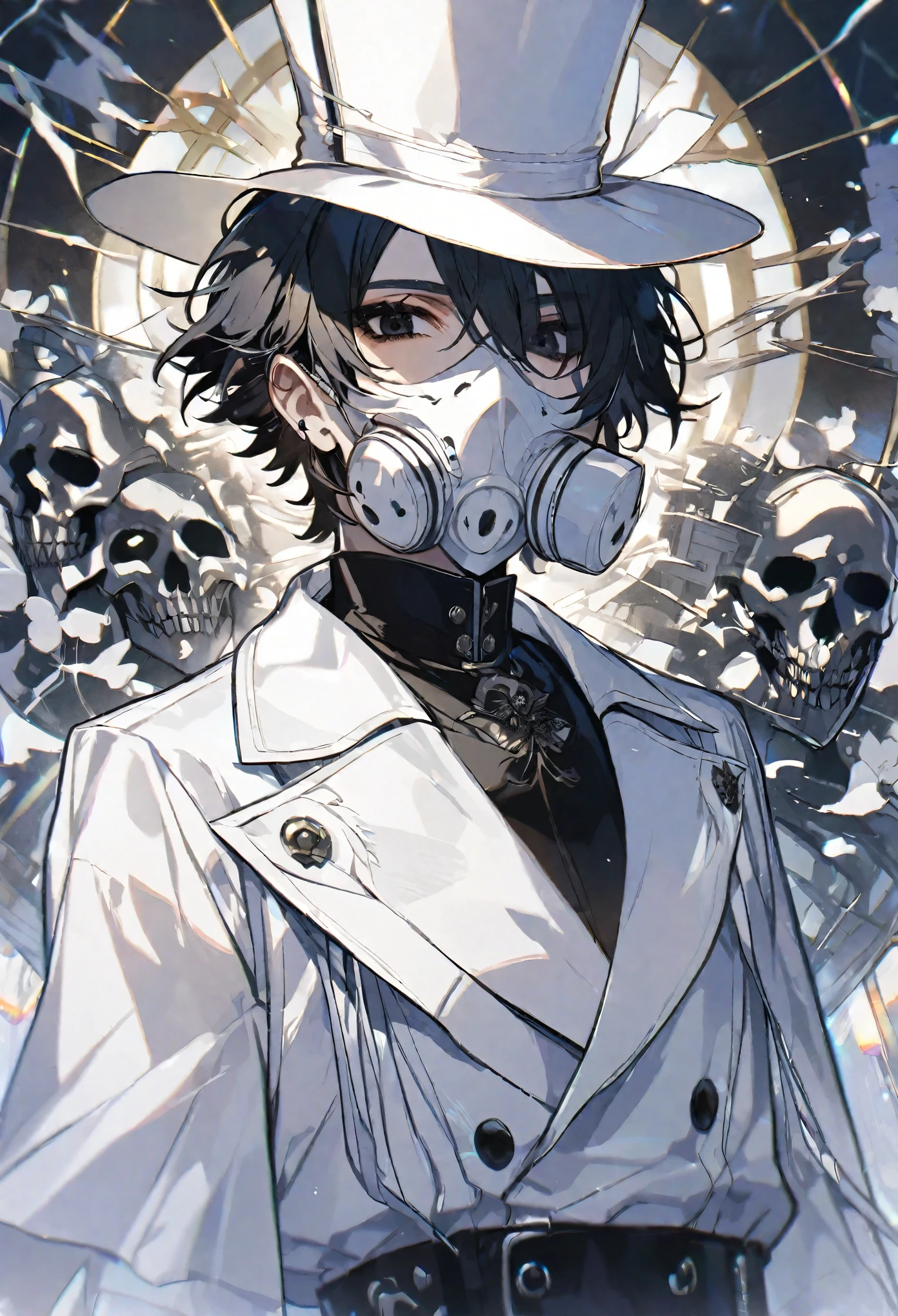 solo, handsome, 1 male, short hair, black color hair, black eyes, white coat, white gloves, white plague doctor mask, white top hat