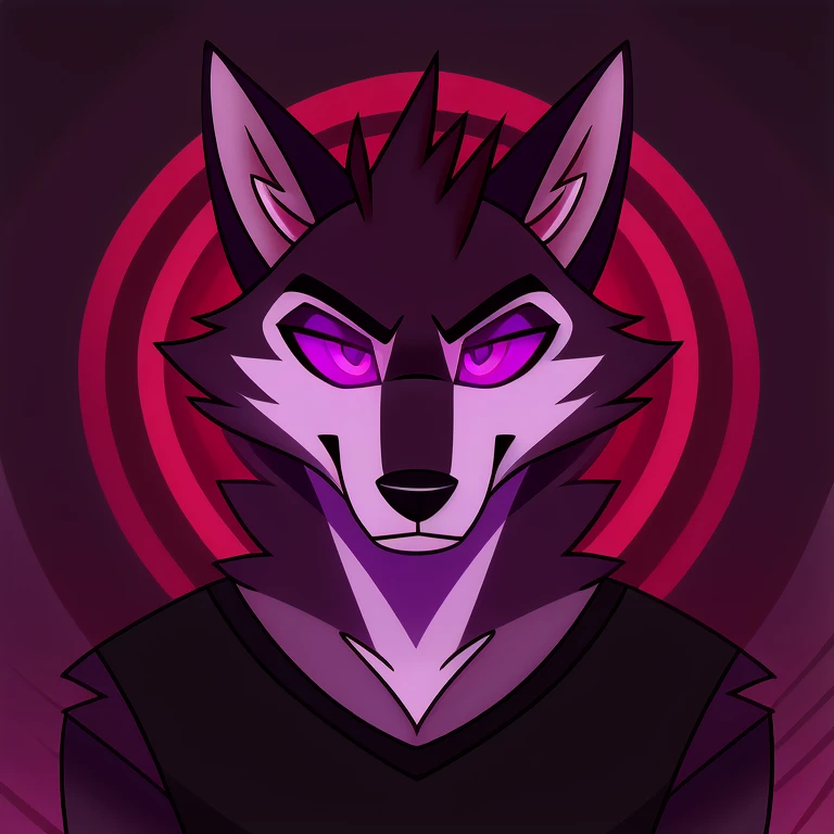 (masterpiece, best quality:1.2), Vortex hellhound, wolf, furry, helluva boss, he wears a black t-shirt with a gray vest with red spikes on the shoulders and black pants, hypnotized with completely spyral glowing purple eyes with no irises or pupils