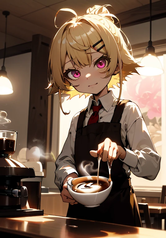 (Tabletop), Best quality,  Girl working in a cafe, إنها تMaking coffee في الآلة, Making coffee, Perfect face, Expressive eyes, Brown apron, The cafe from the inside, Short hairstyle with silver hair and bob, Tie hair into a bun with a hair clip, Pink eyes, فتاة cuteة, comfortable, (a night), real, 4K, complicated, Hinge, Flowers in a vase, comfortable lights, Perfect lighting, Tracking light, Warm colours, Table chairs, Everyday life, accident, amazing, (Relaxing vibe), peace, Aromatic,happy,happiness, (Blonde hair), White shirt, Barista, downy, Blonde hair band , modest,sensitive, cute, a night, variance, bright colors, sad, (The perfect coffee machine), state, (downy), Yeshua, Yeshuaing eyes

Break she's making coffee, There is a table with cups on the left, There is a coffee machine on the table, Steam comes out of the cup, Delicious coffee
, kumis,