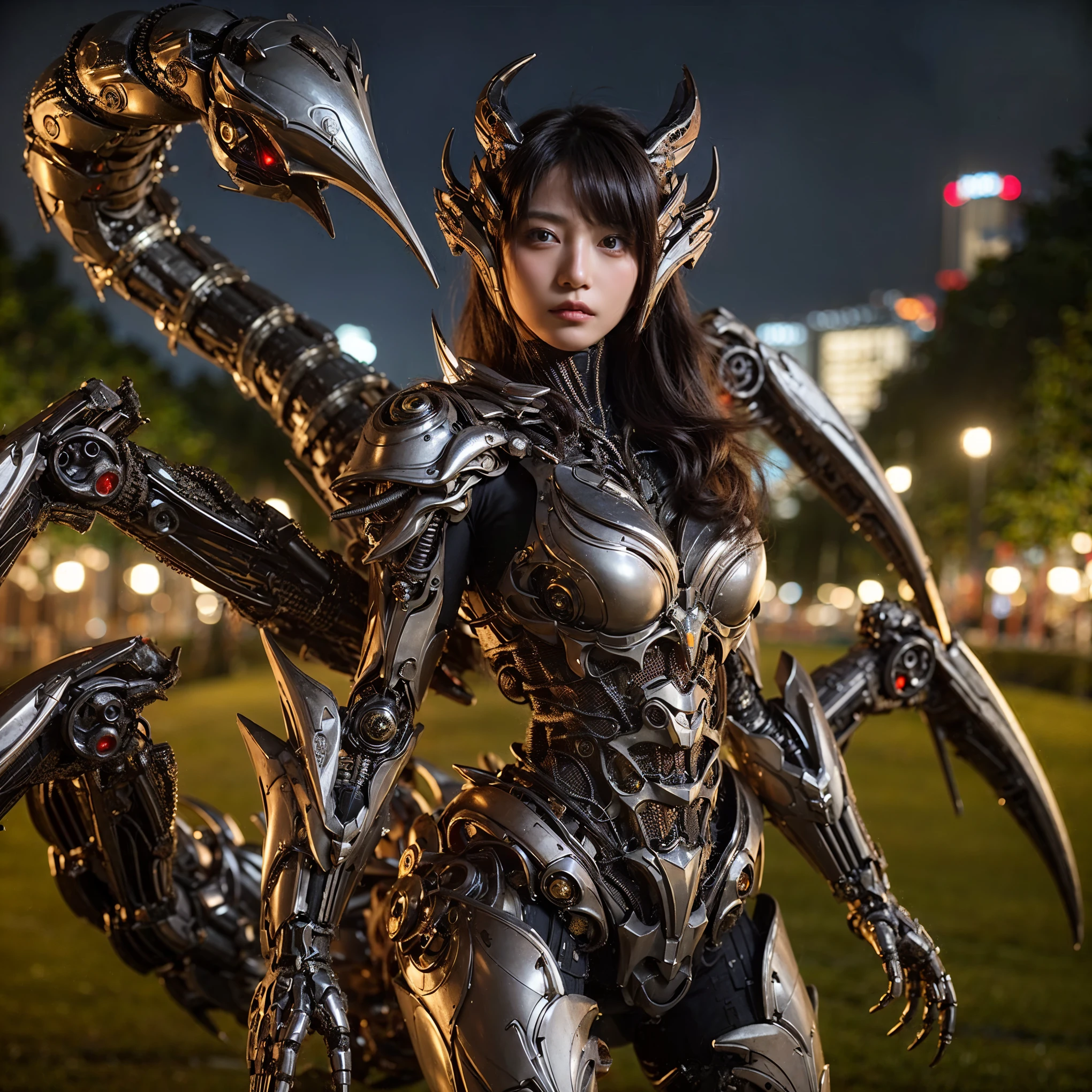 Masterpiece, (ultimate quality:1.2), 8k, Japanese woman in insect-type bio mecha armor, silver base with bronze and gold accents, very beautiful face, mechanical, (mechanical bat wings), hydraulic cylinder, power pipe, muscle fiber, ultimately intricate details, full body shot, (ultimately photo Realistic:1.37), Park with a beautiful view at night, (biological weapon), (biopunk:1.3), Full body photo, Wide-angle shot, Please generate at least 4 photos.