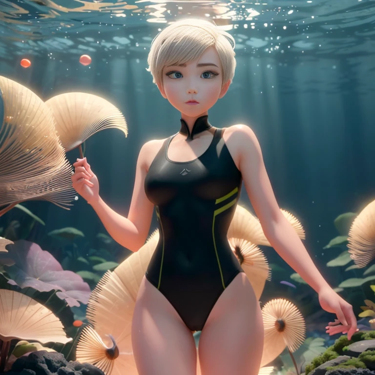 seabed少年の家 銀髪の貝殻，Girl with short white hair，Hair soars，Wearing a black high-cut swimsuit、Colorful Bubbles，plant，It was noticeable，seabed，( Streamlined Design, Sharp lines, High Sharpness,highest quality, Very detailed, Tabletop, Cinematic lighting effects, 4K )