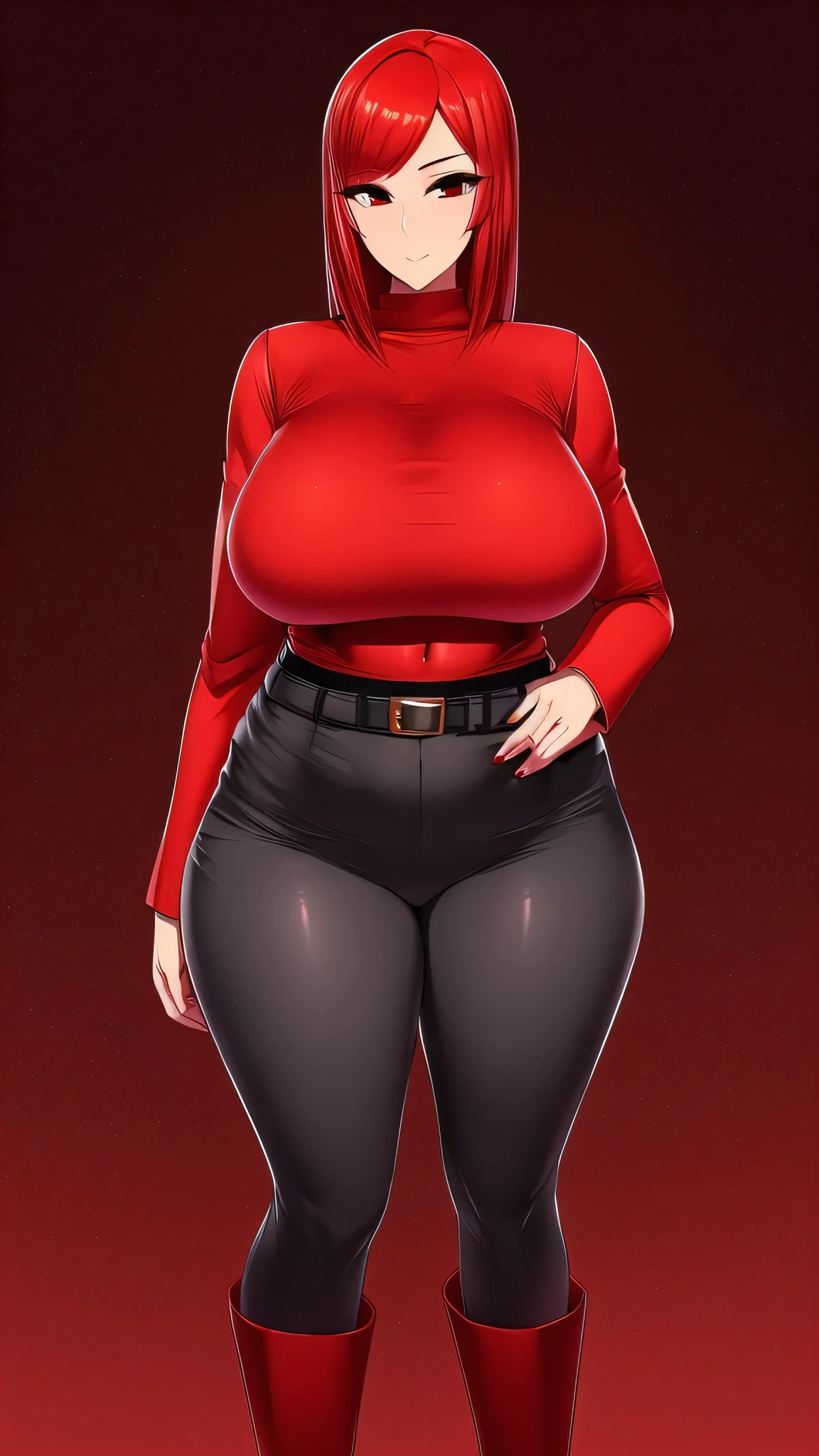  A tall woman, huge, sexy, beauty, tenderness, red hair, two parts, her light red eye, big black eyelash, dresses in a red top, long sleeves, shows her navel and dark gray pants, wearing a black belt and brown boots.