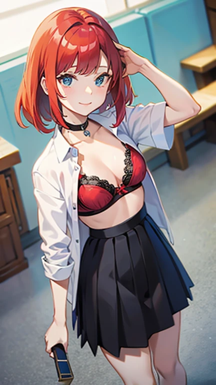 An anime girl with red hair and blue eyes wearing a skirt and an open shirt revealing a black and red bra