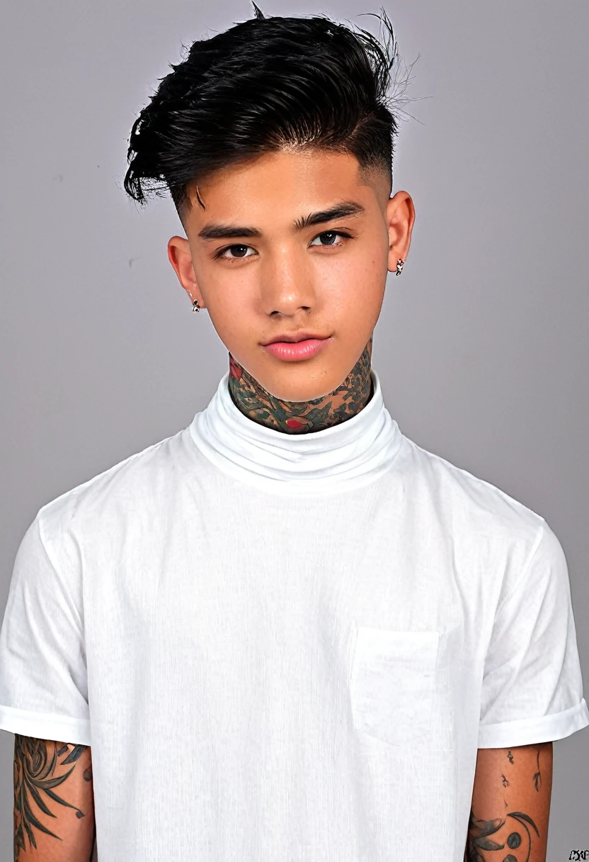 18 year old boy with neck tattoos,con una camisa blanca lisa,cabello corto ruloso,piel morena