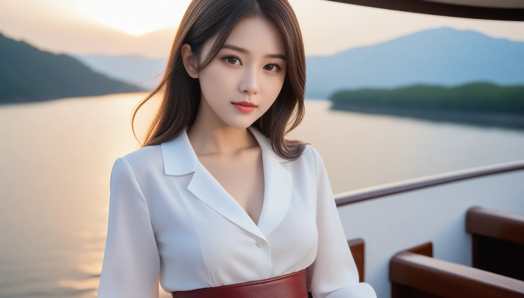 8k, Ultra-high resolution, highest quality, masterpiece, Surreal, photograph, 1 girl, (16 years old:1.3), pretty girl, Cute Face, Beautiful eyes in every detail, 細かくdetailedに,masterpiece,, One Girl:1.2, Japan Female Announcer, Night is approaching、The sky turns red、Woman standing on a boat、Black Hair、Elegant hairstyle、Black-eyed woman、A woman with a cute upward gaze、When the sky gets dark、The gentle light of the ship shines、The sky turns red as the sun sets、Tight clothing that shows your body lines、A clean white blouse or white collared shirt、The first button of her blouse is lewdly open、Brown genuine leather belt、Dark red short leather skirt、Wear elegant clothes、Woman on a sightseeing boat、The sun shines on her、An elegantly dressed woman is sitting on a boat and watching the sunset、Lens flare,Bold Pose,Looking at the audience、beauty,Long neck、Laugh a little、Please close your mouth and laugh、(((Ideal body type))),A cup small breasts :2,、Portraiture:2、Perfect Anatomy、鮮明なdetailed、detailed、Surreal、Light and shadow,Strong light,Fashion magazine cover,Thin lips