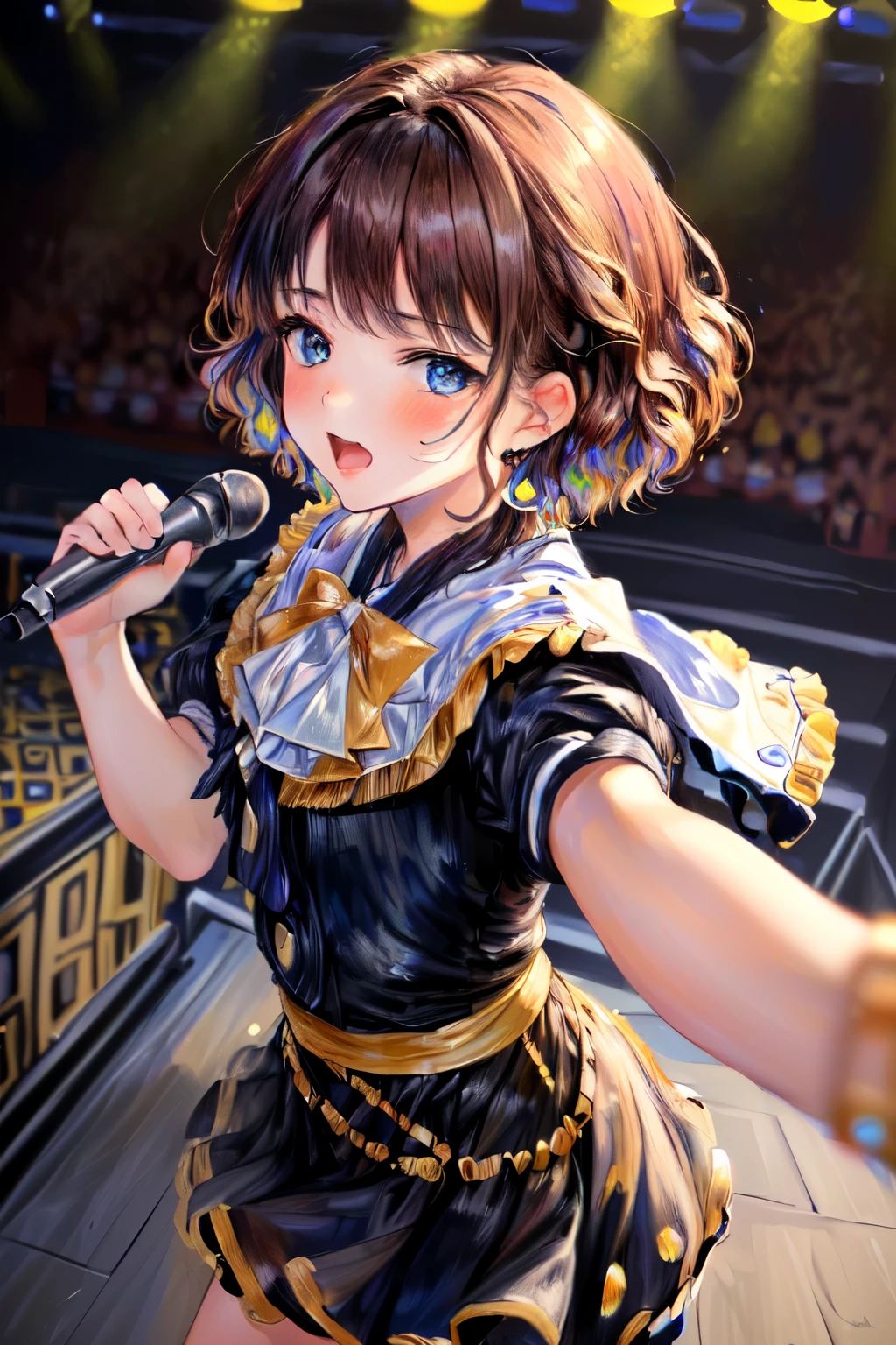 ((Best of the highest quality, 8k, Masterpiece, raw photo: 1.3)), (Great artist style, Auguste Renoir, Gustav Klimt, Sharp focus: 1.2), , (1 AESPA girl: 1.1), (Solo: 1.1), face focus, cute face, (k-pop idol, dancing on the stage with microphone: 1.28), from above, school uniform like, (brunette short bob hair: 1.1)