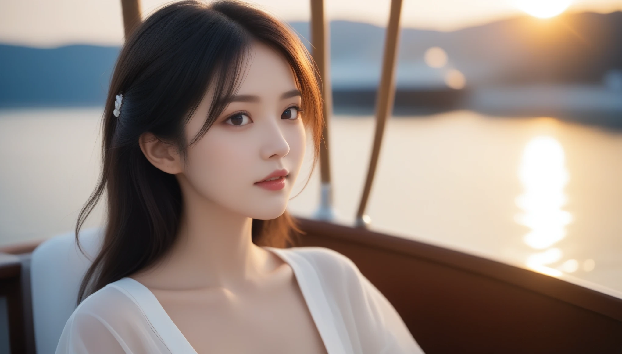 8k, Ultra-high resolution, highest quality, masterpiece, Surreal, photograph, 1 girl, (16 years old:1.3), pretty girl, Cute Face, Beautiful eyes in every detail, 細かくdetailedに,masterpiece,, One Girl:1.2, Japan Female Announcer, Night is approaching、The sky turns red、Woman standing on a boat、Black Hair、Elegant hairstyle、Black-eyed woman、A woman with a cute upward gaze、When the sky gets dark、The gentle light of the ship shines、The sky turns red as the sun sets、Tight clothing that shows your body lines、A clean white blouse or white collared shirt、The first button of her blouse is lewdly open、Brown genuine leather belt、Dark red short leather skirt、Wear elegant clothes、Woman on a sightseeing boat、The sun shines on her、An elegantly dressed woman is sitting on a boat and watching the sunset、Lens flare,Bold Pose,Looking at the audience、beauty,Long neck、Laugh a little、Please close your mouth and laugh、(((Ideal body type))),A cup small breasts :2,、Portraiture:2、Perfect Anatomy、鮮明なdetailed、detailed、Surreal、Light and shadow,Strong light,Fashion magazine cover,Thin lips