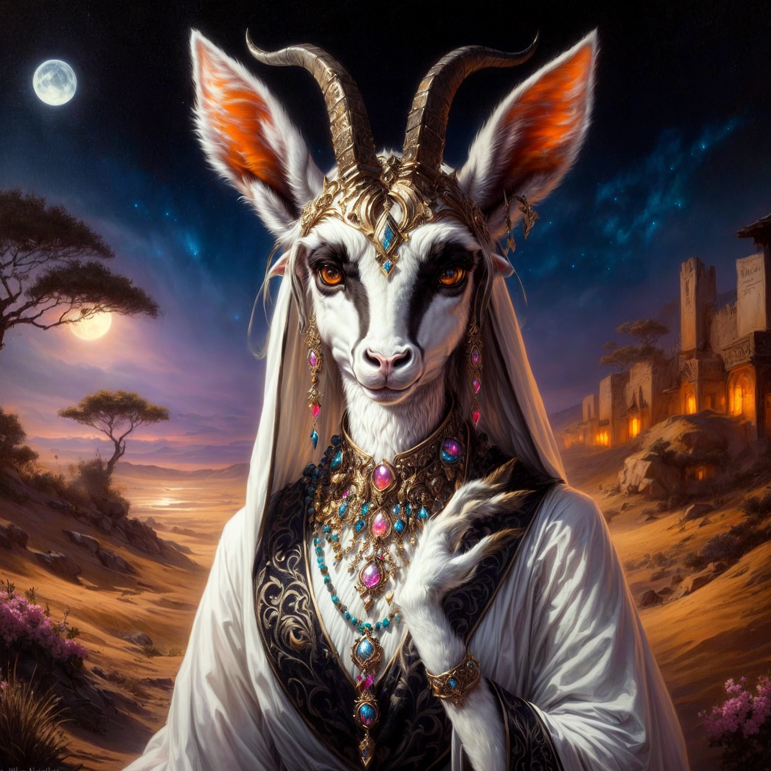 painting of a gazelle with a heaDDress anD a necklace, horneD ram goDDess, Foto vom Geist des Anubis, beautiful animal pearl queen, portrait of beDouin D&D, white horns queen Demon, Llama Anthro Portrait, Portrait of an Albino Mystic, Masterpiece Anthropological Portrait, Michael Pferd (unwirkliche Engine, alluring tiefling DruiD