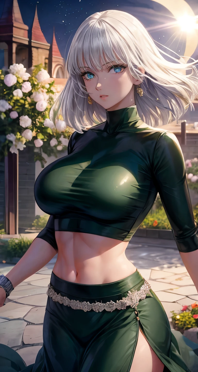 realistic, 1girl, Fubuki, white hair, green eyes, big round breasts, clear white skin, shining eyes, black crop top, dark green skirt, parted lips, rouge, night, flowers, sun, sunshine