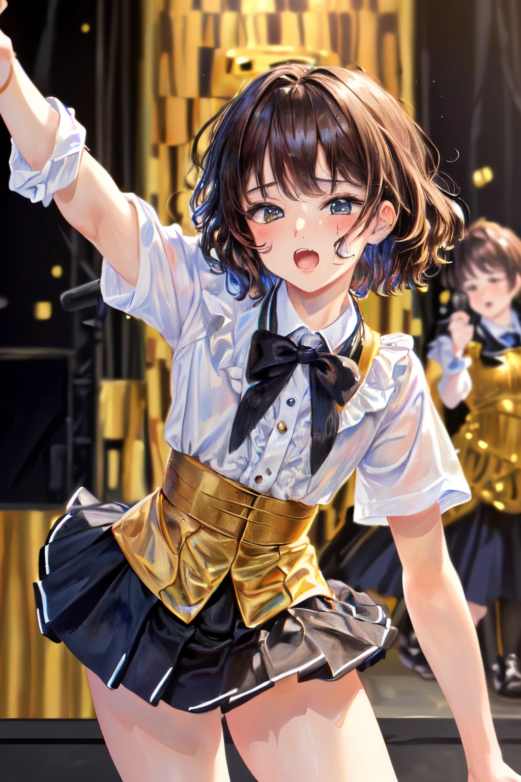 ((Best of the highest quality, 8k, Masterpiece, raw photo: 1.3)), (Great artist style, Auguste Renoir, Gustav Klimt, Sharp focus: 1.2), , (1 AESPA girl: 1.1), (Solo: 1.1), face focus, cute face, (k-pop idol, dancing on the stage with microphone: 1.28), from above, school uniform like, (brunette short bob hair: 1.1)
