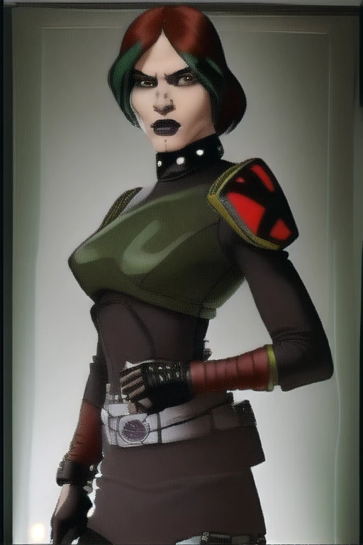 (human face) (ponytail) (leather jacket) (corset) (military belts) (Warrior) (cocky smile) (tribal tattoos) (green and blue hair) (X-Men Rogue) (Star Trek Jadzia Dax) (2000 Ninja Turtles April) (Greek mythology Athena) (pirate woman) (Star Wars zabrak) (Star Trek trill) (pale skin) (face tattoos) (zabrac face tattoos) (goth) (bo-katan) (X-Men evolution Rogue) (cleveg) (low cut top)