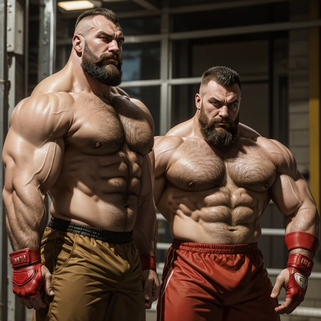 Zangief, street fighter, big muscular body, strong body, tall, chest hair, mohawk hairstyle, red pro wrestling short, red wrestling boots, big arms, 